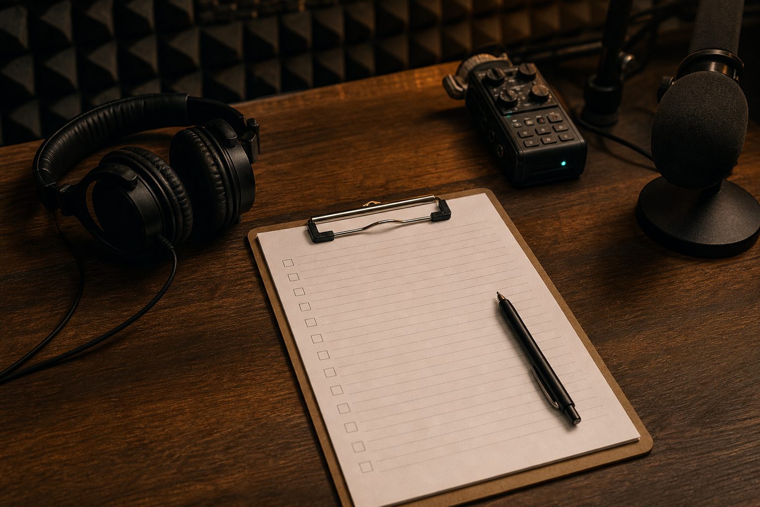 Clipboard with a blank checklist beside headphones, a portable recorder and a microphone on a walnut desk