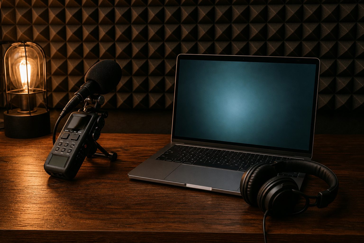 Two microphone setups on a walnut desk, one with a field recorder and one with a laptop, in a foam lined studio