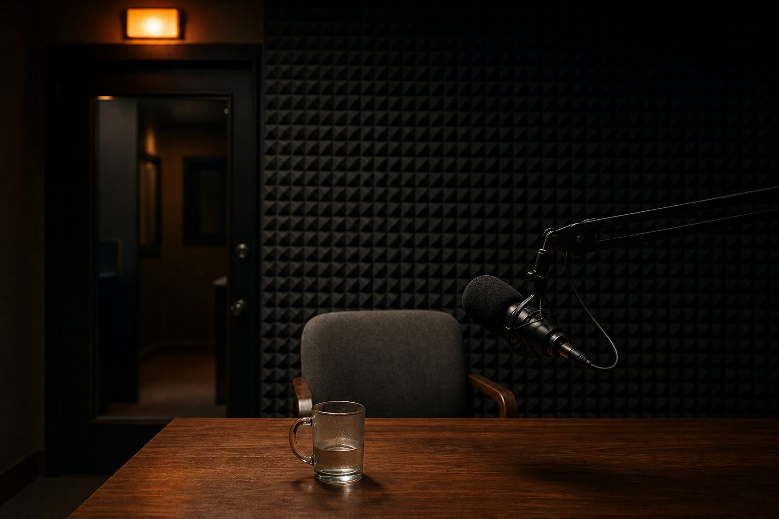 Empty guest chair facing a microphone in a charcoal foam studio with a glowing amber on air lamp