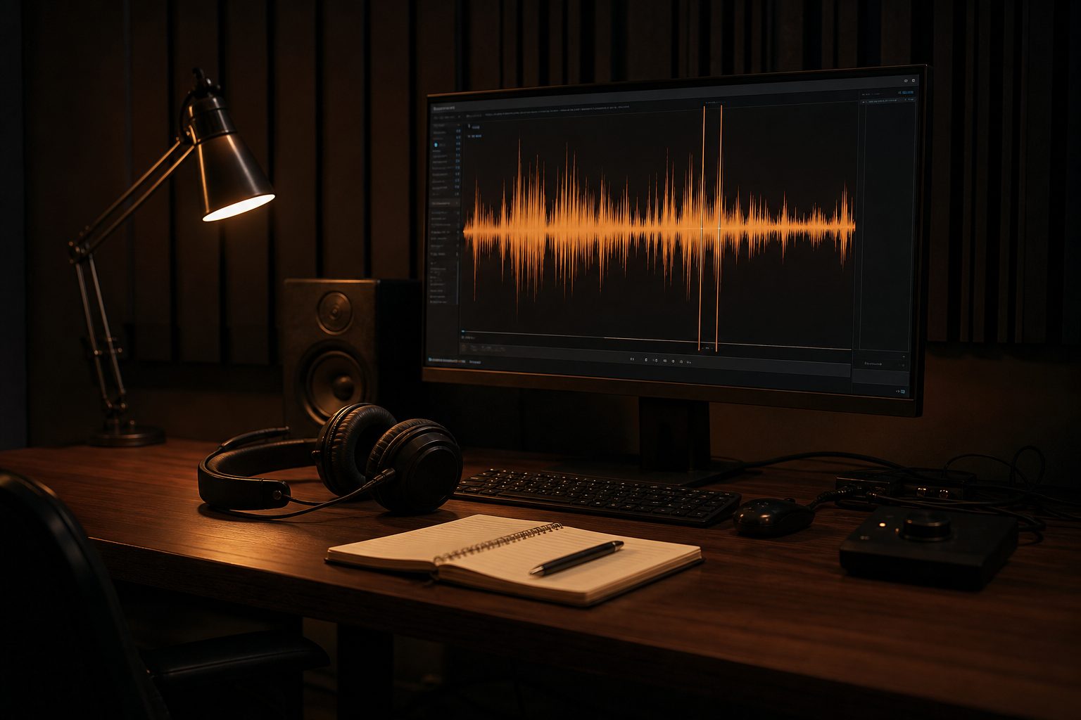 Headphones, a notebook and an audio waveform on a monitor at a dim editing desk lined with charcoal panels