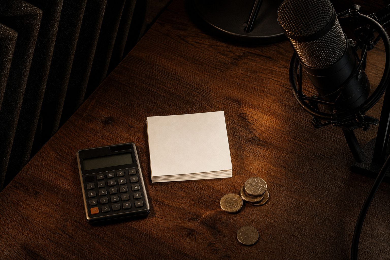 Calculator, blank paper slips and a microphone arranged on a warm walnut desk under a low amber lamp