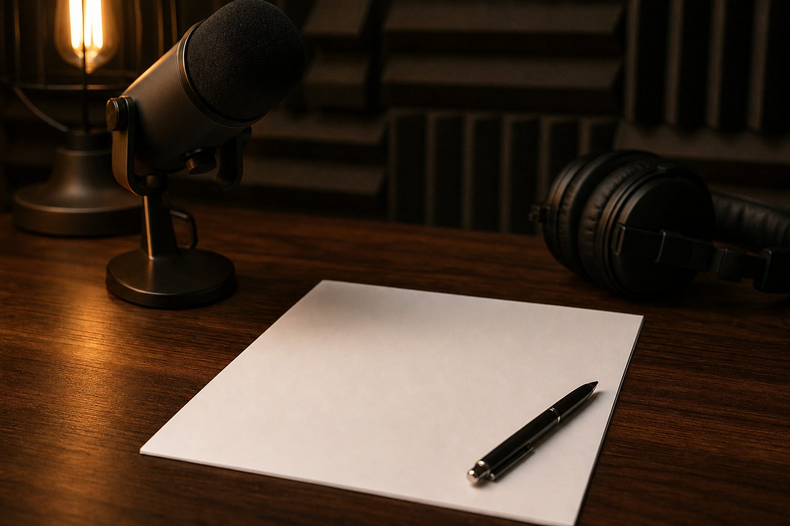Unsigned paper release and pen resting on a walnut desk next to a studio microphone and headphones
