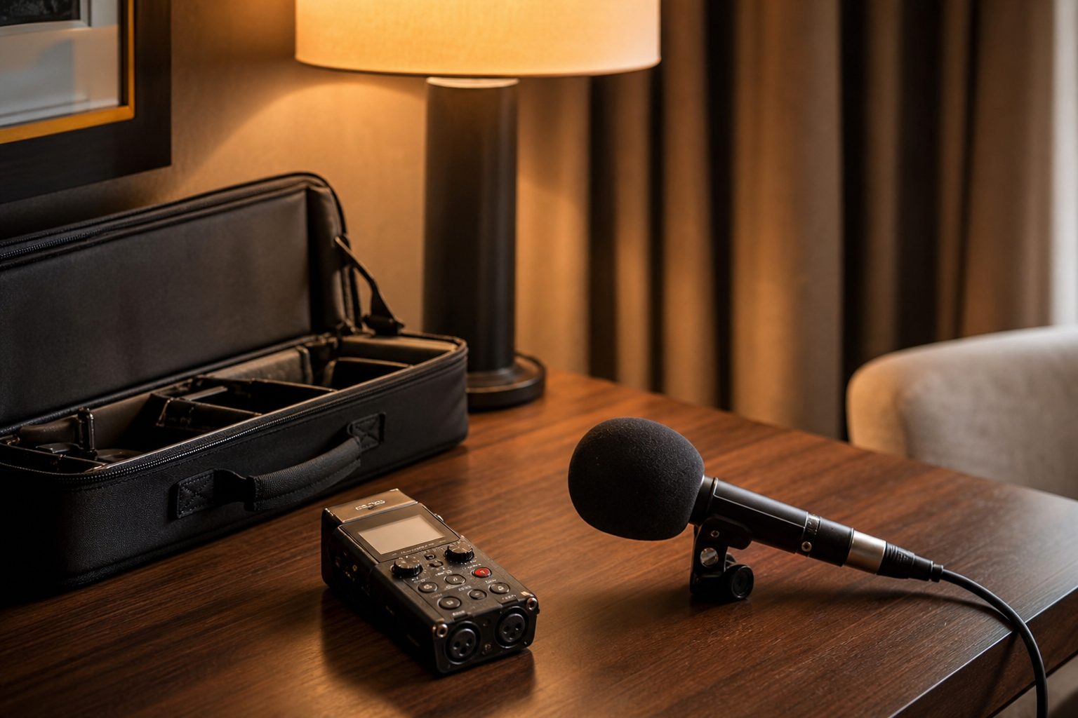Portable recorder and handheld microphone set up on a hotel room desk with an open padded case and warm lamp