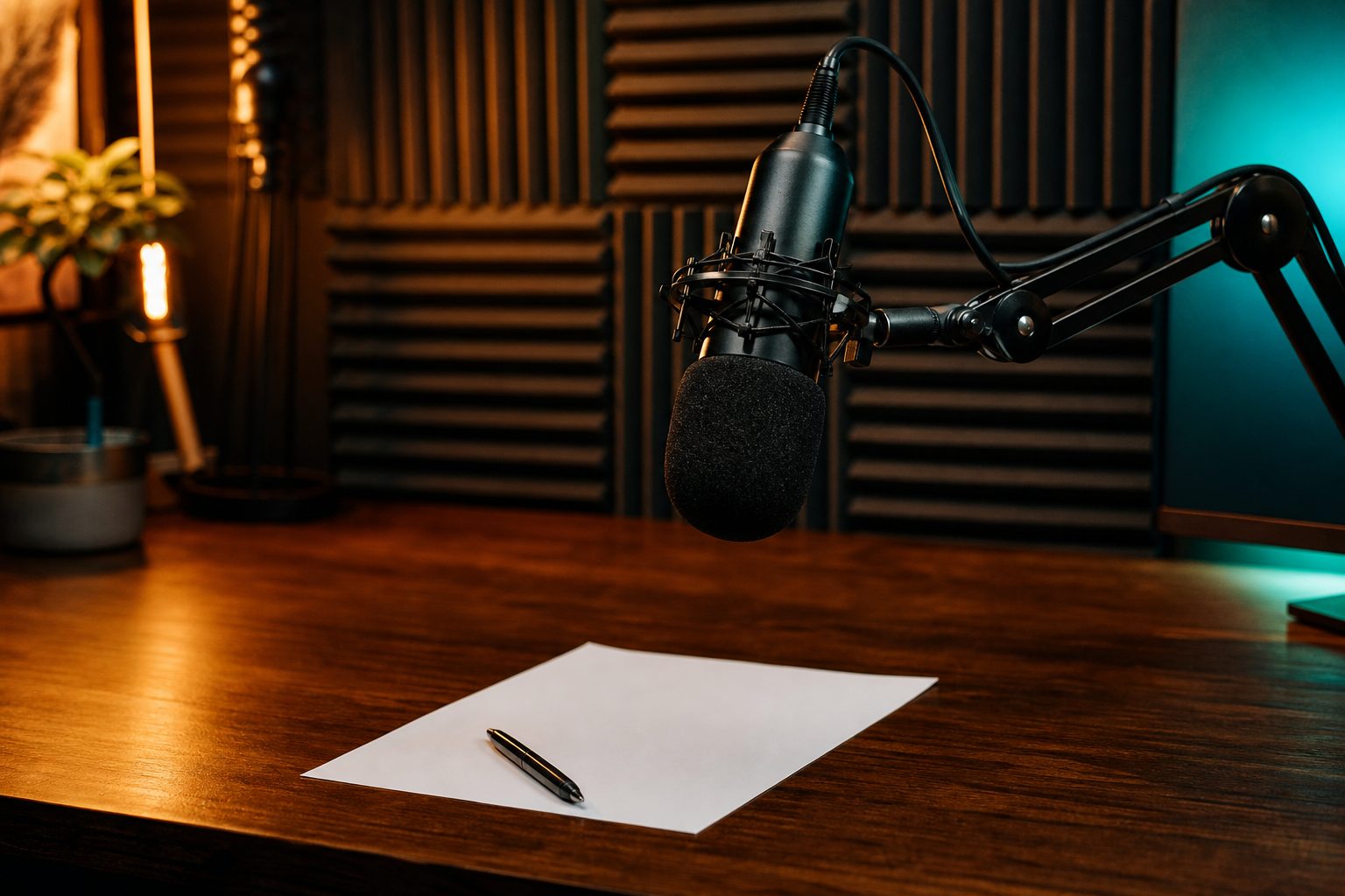 Blank prep sheet and pen on a walnut studio desk beside a boom mounted microphone under warm amber light