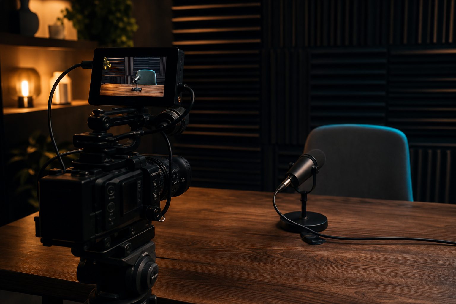 Video camera on a tripod aimed at an empty guest chair and microphone in a warmly lit podcast studio