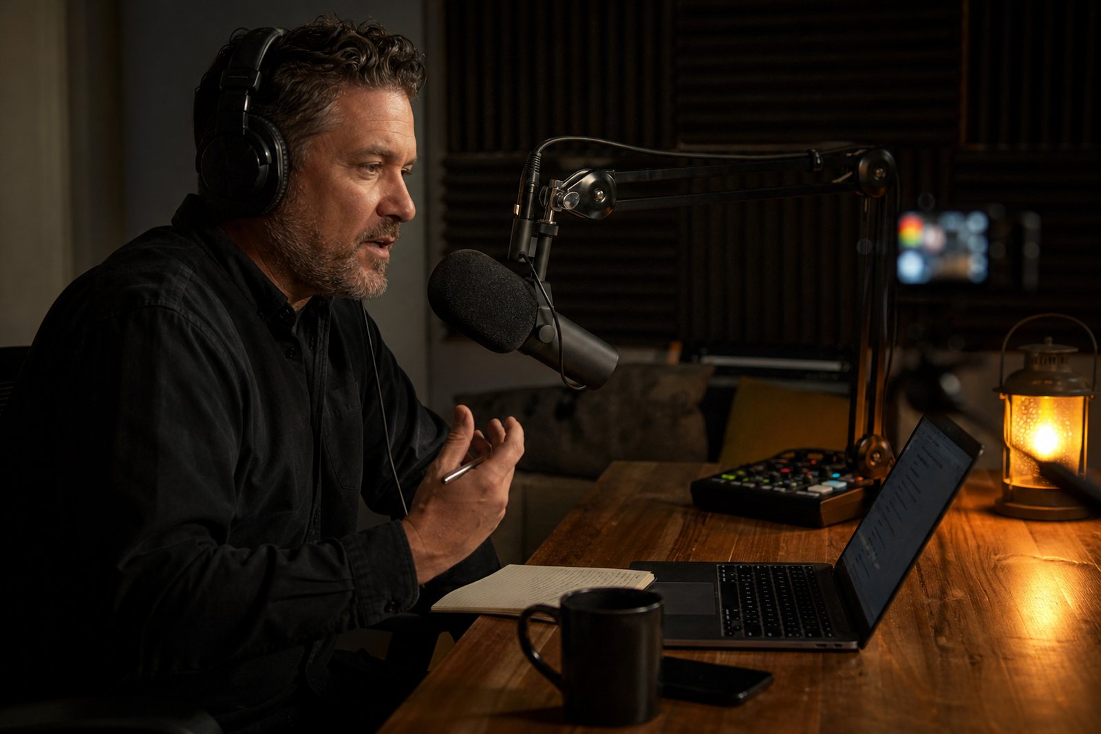 Podcast host at a home studio desk with a large condenser microphone, headphones and an interview outline open on a laptop under warm amber light