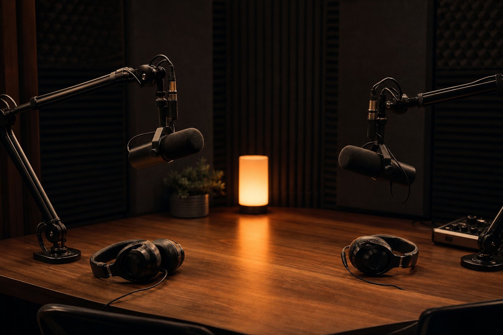 Podcast studio desk with two condenser microphones on boom arms, headphones and a warm on air lamp glowing against dark acoustic foam panels